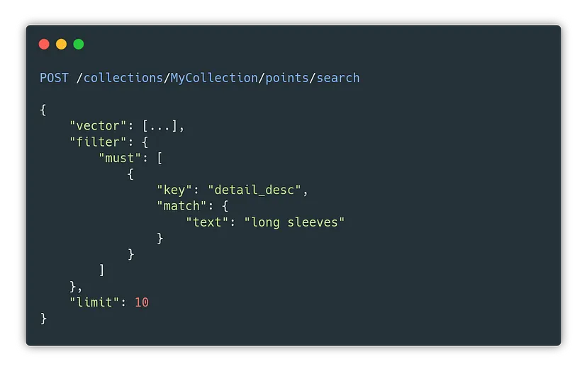 An example of how to search for “long_sleeves” in a “detail_desc” payload field.